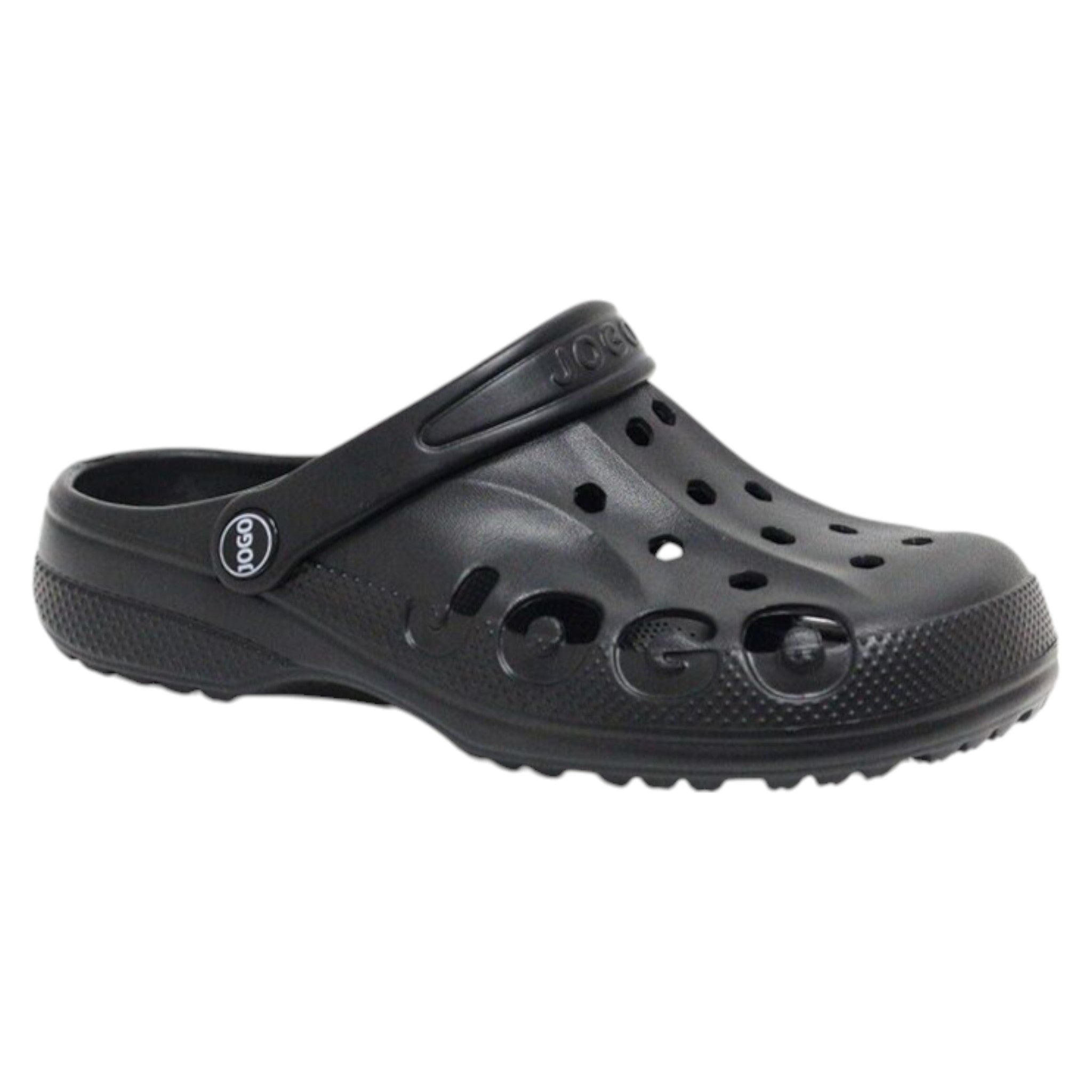 Black Jogo clogs with breathable ventilation holes and adjustable heel strap – lightweight unisex slip-on garden shoes